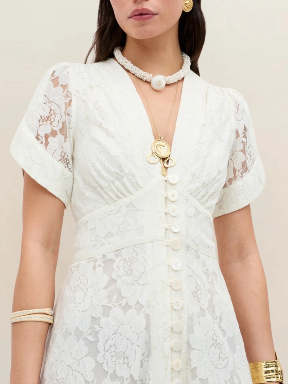 RIXO Novara White Lace Bridal Midi Dress with Button Front